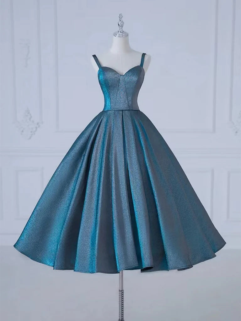 Buyishang A-Line Sweetheart Neck Satin Tea Length Blue Prom Dress Blue Formal Dress Bridesmaid dress shop